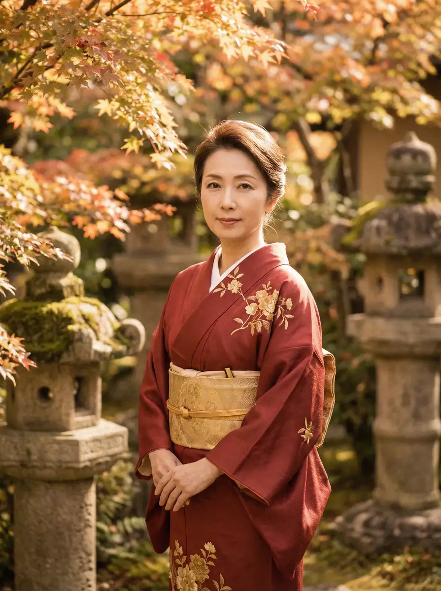 一位身穿暗红色和服的优雅 财神体育官网 在日式庭院中